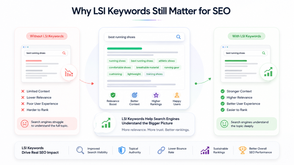 Why LSI Keywords Still Matter for SEO illustration showing how related keywords improve content relevance, search intent, and organic search rankings.