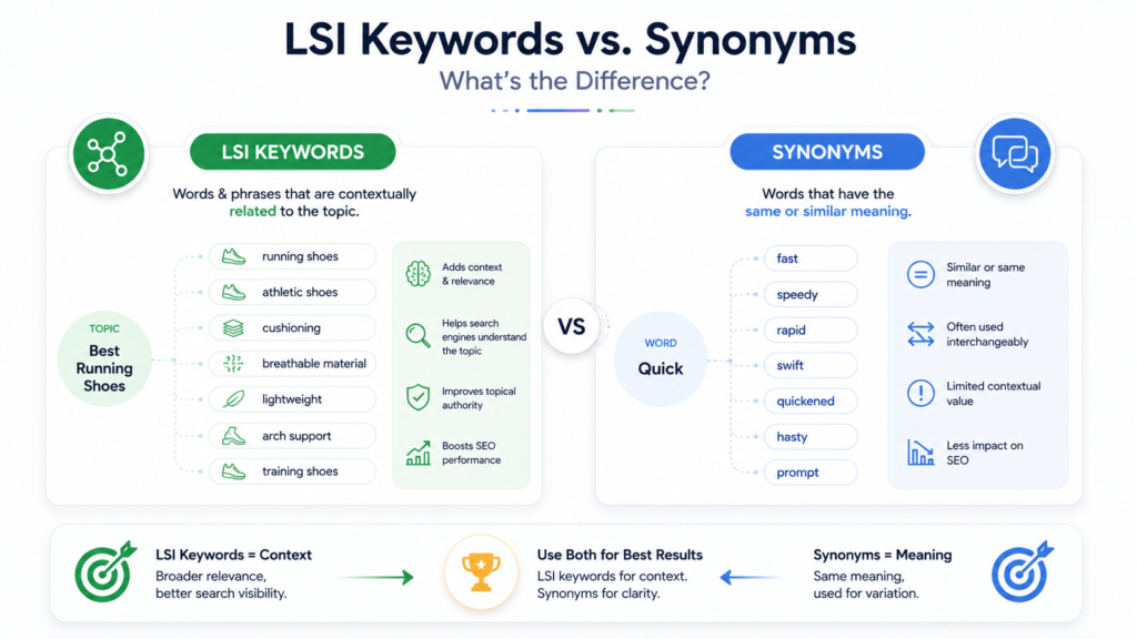 LSI Keywords vs. Synonyms: What's the Difference? Illustration comparing LSI keywords and synonyms to explain their roles in semantic SEO and content optimization.