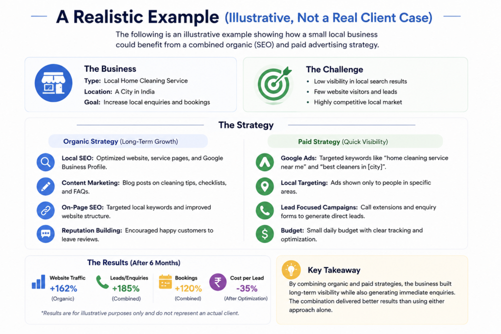 Infographic showing an illustrative digital marketing case study for a local home cleaning service, combining organic SEO and paid advertising. It covers the business goals, challenges, organic and paid strategies, six-month results, and key takeaway, including increases in website traffic, leads, and bookings and a reduced cost per lead.